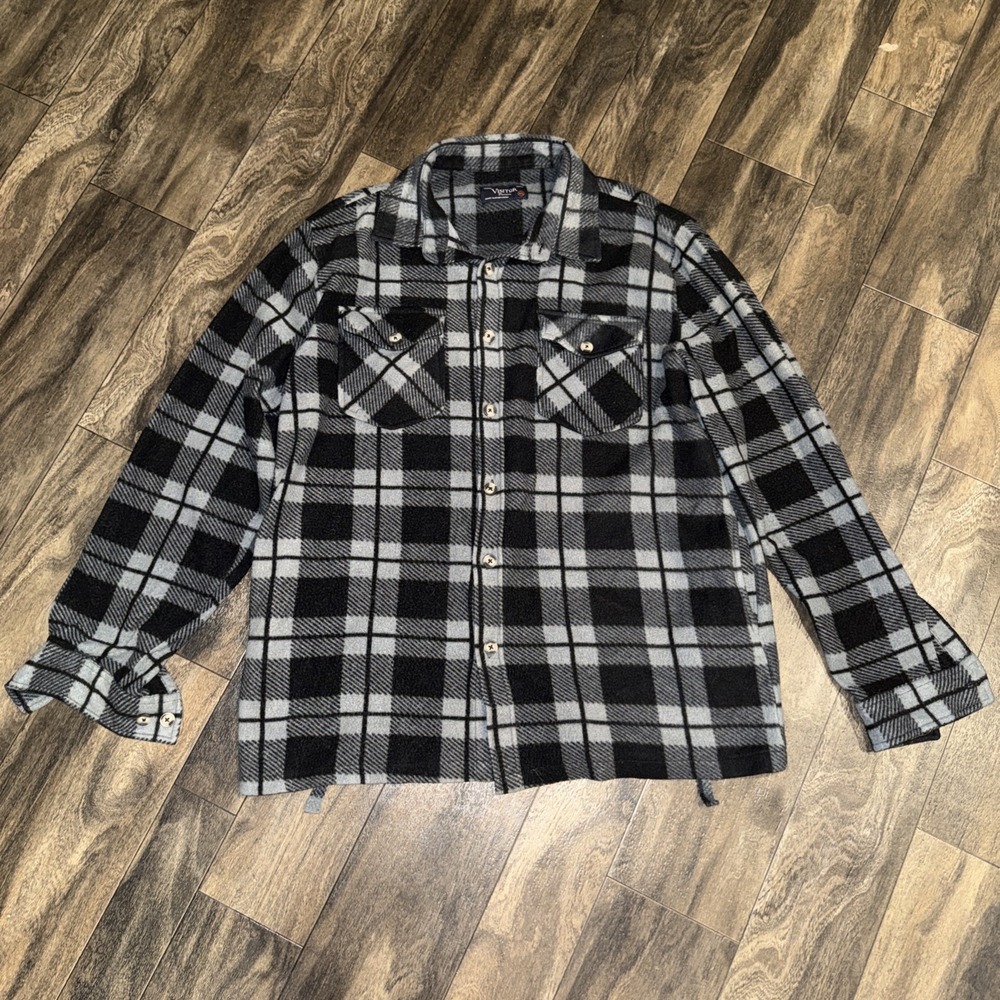 Visitor Premium Fleece Flannel Button Up Plaid Shirt Jacket Men's Size XL Black